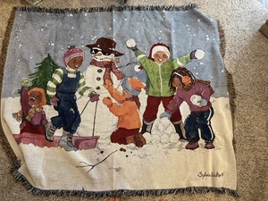Winter Throw Blanket by The Rug Barn Sylvia Walker Kids Building a Snowman - Picture 1 of 3