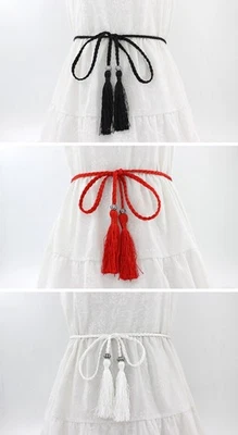 Women's Ethnic Braided Tassel Waist Belt Cotton Silk Decorative Knot Waist Chain - Image 1 of 4