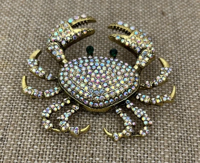 VTG Heidi Daus Princess Crab Brooch 2.5" Signed AB Iridescent Rhinestone Green - Image 1 of 4