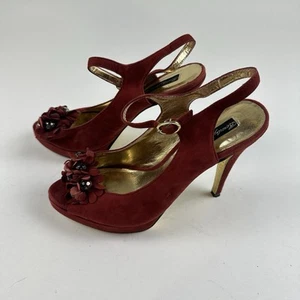Sandalias de gamuza rojas vintage Beverly Feldman punta abierta tacón plataforma talla 7,5 - Imagen 1 de 17