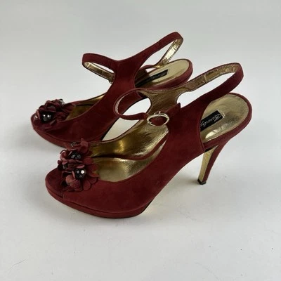 Vintage Beverly Feldman Open Toe Platform Heels Red Suede Sandals sz 7.5 - Image 1 of 4