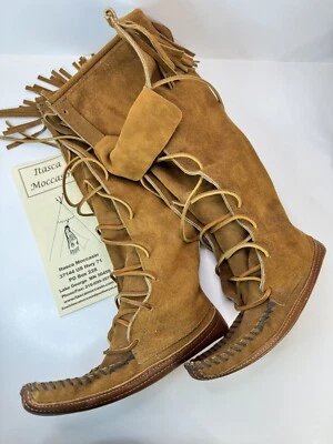 Botas Minnettonka frente renda joelho alto marrom camurça franja tamanho 5 - Imagem 1 de 4