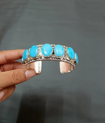 Hermoso Brazalete de Piedras Preciosas Turquesa Plata de Ley Brazalete de Regalo Ajustable Foto 1 de 4