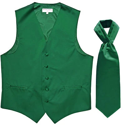 New Men's Formal Tuxedo Vest Waistcoat solid & Ascot cravat Emerald Green Prom - Image 1 of 4