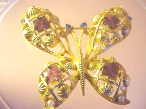 Große Schmetterling Brosche Anstecknadel goldfarbene blaue Steine, Kunstperlen, Bernsteinfarben - Bild 1 von 8
