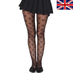 Womens Black Heart Patterned Fishnet Tights Valentines Love Pattern Lace UK 6-16 - Picture 1 of 10