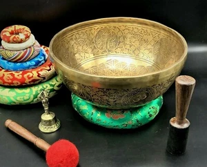 12" Flower of Life carved singing bowl, handmade in Nepal, meditation, healing - Picture 1 of 12