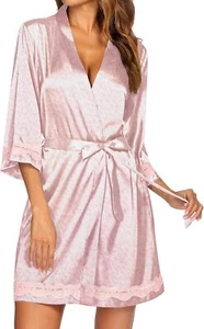 Women's Lace-Trim Silk Robes Bride Bridesmaid Kimono Satin Bathrobe V Sleepwear - Picture 1 of 6