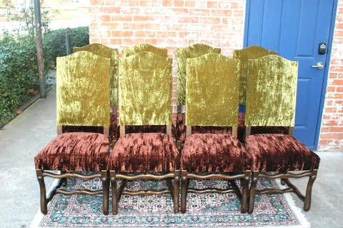 Set of 8 French Antique Louis XIV Oak Upholstered Dining Room Chairs ~ Red Green Cover