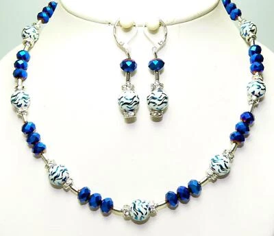Schmuckset Halskette Collier Ohrringe Perlen Glas weiß Dunkel Blau Strass 156c - Bild 1 von 4
