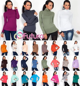 Polo clásico liso nuevo elástico para mujer cuello de tortuga multicolor manga larga FT545 - Imagen 1 de 6