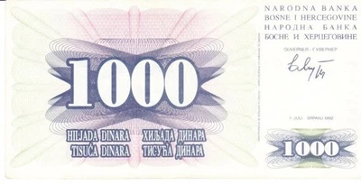 Bosnia and Herzegovina one thousand dinara 1992 circulated - Image 1 of 2
