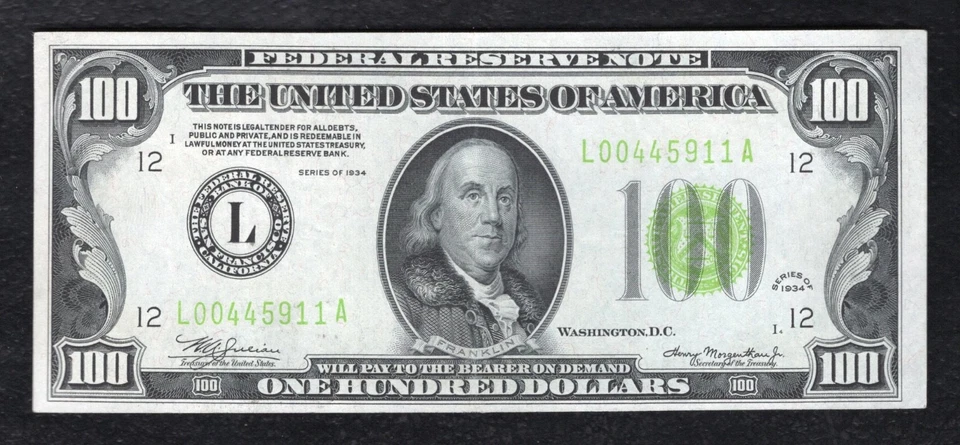 FR. 2152-L 1934 $100 LIGHT GREEN SEAL FRN SAN FRANCISCO, CA CHOICE UNCIRCULATED - Image 1 of 2