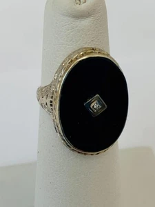 Antiguo anillo de filagrana Art Deco de ónix negro oro 14k años 20 talla 4,25 - Imagen 1 de 9