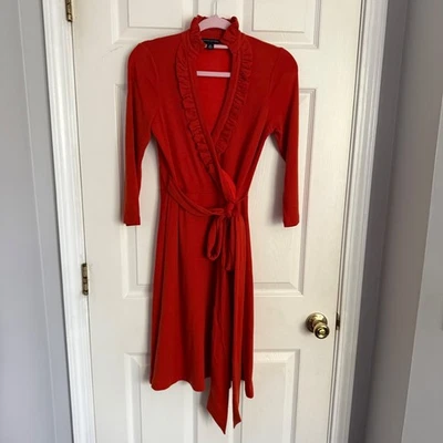Banana Republic Burnt Orange Wool Blend Ruffle Trim Wrap Midi Dress 3/4 Sleeve - Image 1 of 4