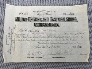 Mount Desert and Eastern Shore Land Co. 1889 dated Maine Land Stock Certificate - Picture 1 of 3