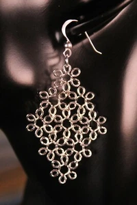 .925 Sterling Silver Flower Earrings Long Elegant Diamond Shaped Daisy Cluster - Picture 1 of 6