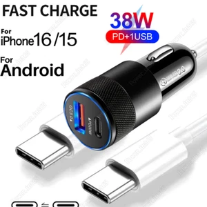 USB C To USB C Fast Charger Cable QC PD 38W Car Adapter For iPhone 15 16 Android - Picture 1 of 17