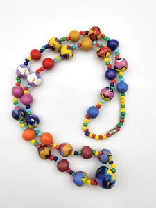 Vintage Hand Painted Wood Folk Art Bead Necklace Colorful 23" Multi-Color Boho - Picture 1 of 13