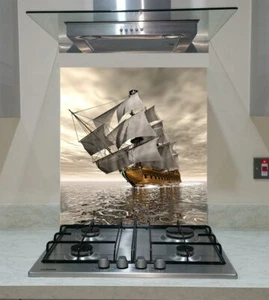Splashback Toughened Glass Unique Kitchen Sea  Pirate Ship Any Sizes - Picture 1 of 3