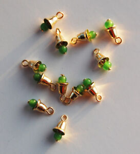Vintage 12 Tiny Small Brass Metal Bells *Green Bead â€¢ 10mm 3/8th inch tall