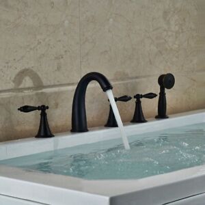 Oil Rubbed Bronze 5 Holes Roman Tub Bathtub Brass Faucet with Hand Shower Spray