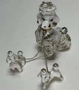 VTG Antique Porcelain Spagette Poodle Dog w/ Puppies Figurine Set Japan Rare - Picture 1 of 9