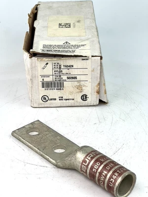 Burndy YA342N 2-Hole Lug Copper Compression Connector 500 KCMIL — NEW (QTY 6) - Image 1 of 4