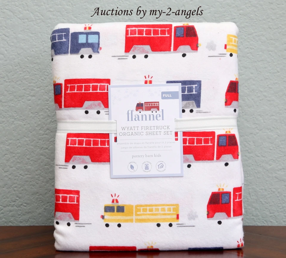 NEW Pottery Barn Kids WYATT FIRETRUCK Organic Flannel Full Sheet Set fire trucks - Image 1 of 1