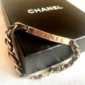 CHANEL Silver Bangle Bracelet Plate Logo Leather Color Brown - Picture 1 of 7