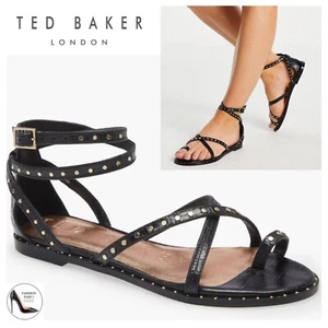 Ted Baker Mathar Black Croc Leather Ankle Strap Studded Gladiator Sandals 37 6.5 - Picture 1 of 22