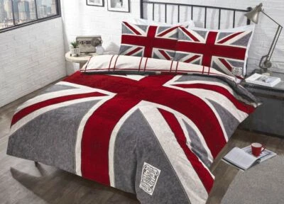 Union Jack Duvet Cover GreyRed Denim Reversible Printed Quilt Cover Bedding Set - Image 1 of 3