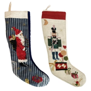 22" Santa and Nutcracker Vintage Needlepoint Christmas Stockings - Set of 2 - Picture 1 of 2