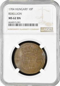 Hungary 10 poltura 1704, NGC MS62 BN, "Rakoczi's Independence War (1703 - 1711)" - Picture 1 of 4