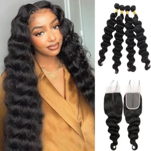 Virgin Human Hair Bundle 14 16 18 20 +12 Lace Closure - Picture 1 of 3