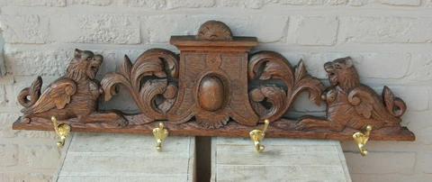 Antique French oak wood carved lions castle pediment coat rack wall Cover