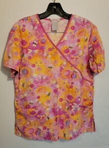 Cherokee Women's Scrub Top Size S Pink With Flowers,bees,dragon Flies. Pockets