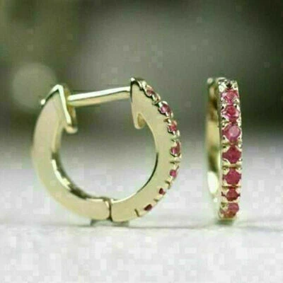 1.00 Ct Lab Created Round Cut Red Ruby Hoop Earrings 925 Sterling Silver Plated - Image 1 of 4