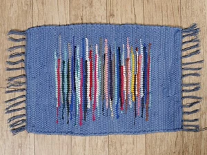 SHABBY CHIC RAG RUG BLUE COLOUR FRINGE INDIAN RECYCLED CHINDI FLAT WEAVE MAT - Picture 1 of 3