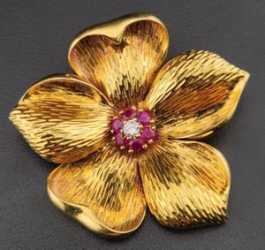 Vintage Tiffany & Co. 18k Gold Flower Textured Diamond & Ruby Cluster Brooch1907 - Picture 1 of 8