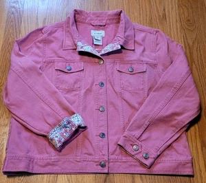 LL Bean Jean Jacket Women's XL  Petite Pink Denim Trucker Floral Flip Cuff EC - Picture 1 of 15
