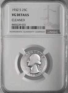 1932-S  25C WASHINGTON SILVER QUARTER  NGC VG DETAILS "CLEANED"  #8405239-033 - Picture 1 of 4