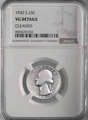 1932-S  25C WASHINGTON SILVER QUARTER  NGC VG DETAILS "CLEANED"  #8405239-033 - Image 1 of 4