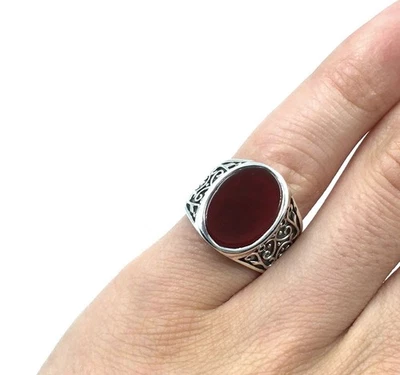 Anello da uomo in argento 925 corniola rossa anello con sigillo ovale... - Immagine 1 di 4