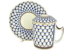 Lomonosov Porcelain Cobalt Net Covered Herbal Steep 12.8 oz Mug with Saucer - Picture 1 of 1