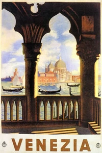 VENEZIA ITALY VENICE CANAL GONDOLA BALCONY VIEW TRAVEL VINTAGE POSTER REPRO - Picture 1 of 3
