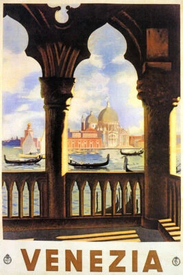 VENEZIA ITALY VENICE CANAL GONDOLA BALCONY VIEW TRAVEL VINTAGE POSTER REPRO - Image 1 of 3