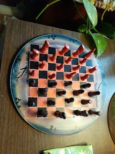 AFRICAN Soap stone CHESS SET With Board COMPLETE Vintage - Picture 1 of 9