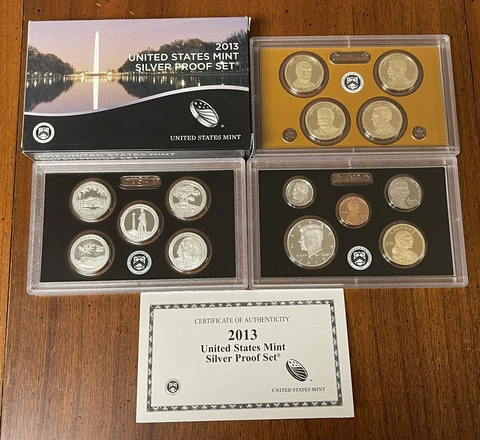 2013-S U.S. MINT SILVER PROOF SET 💥14 Coins & 7 are 90% SILVER💥 w/BOX & COA Cover