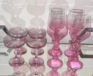 8-NWT HEART SHAPED STEM PINK WINE GLASSES AND PINK COUPE GLASSES - Picture 1 of 12